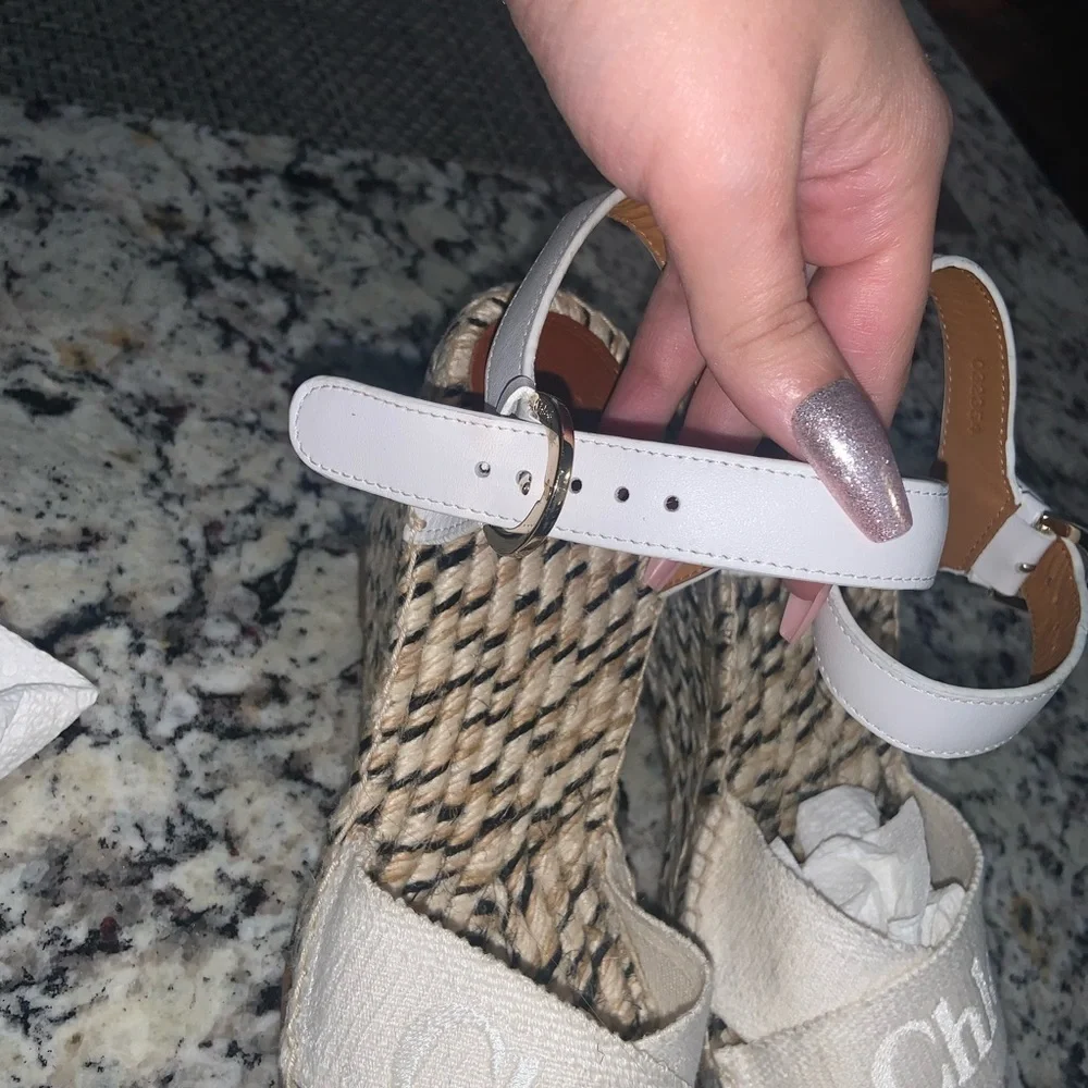 CHLOE Pila leather and canvas wedge espadrilles white / cream logo resort nwot